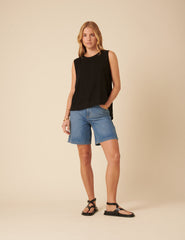 Black Linen-blend Swing Top
