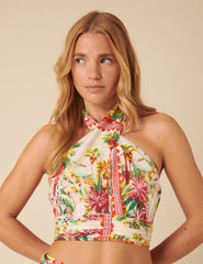 White Printed Halterneck Crop Top