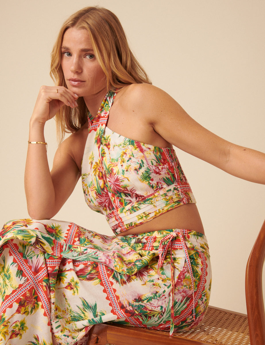 White Printed Halterneck Crop Top