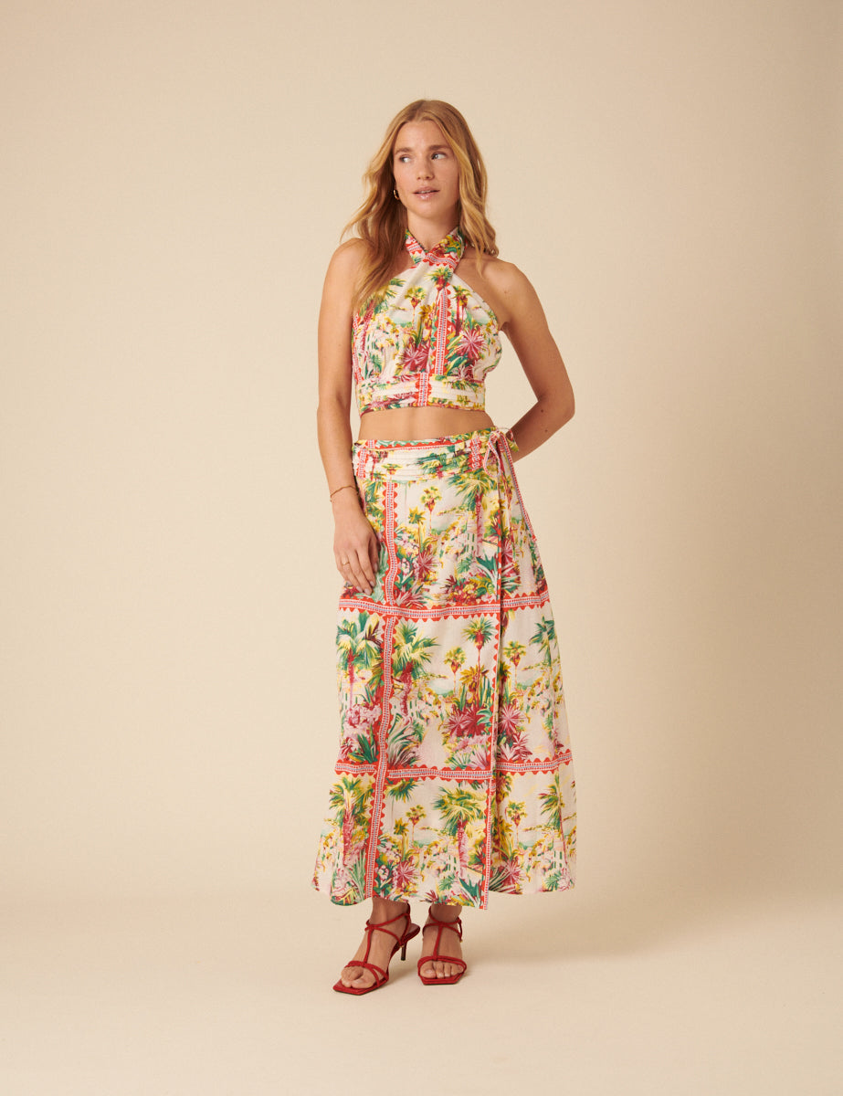 White Printed Halterneck Crop Top