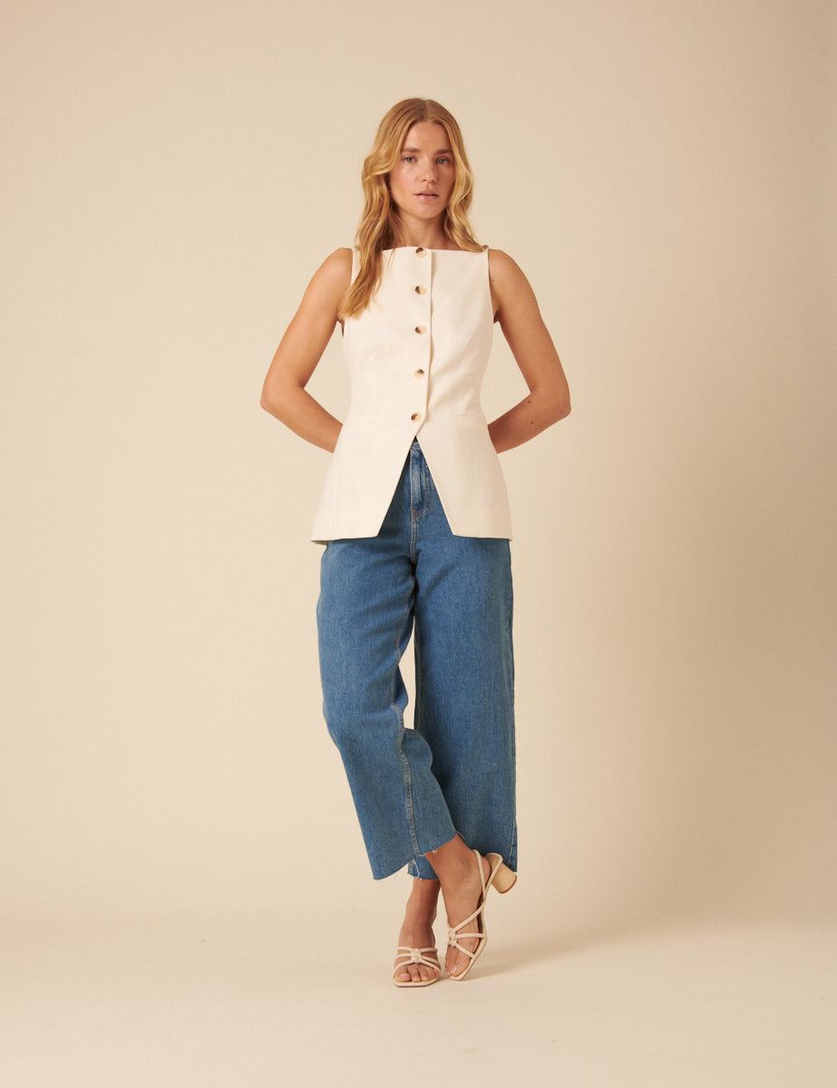Cream Linen-blend Longline Waistcoat