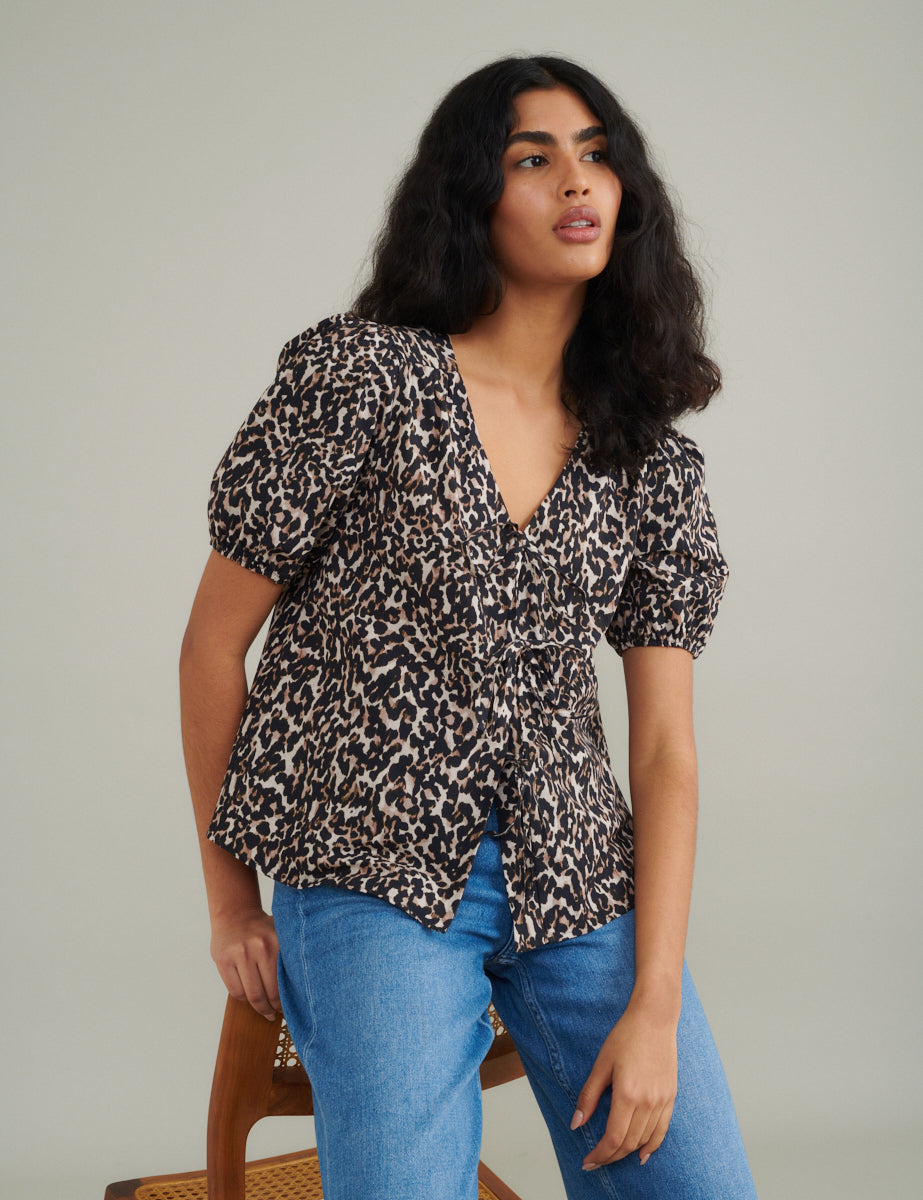 Leopard Print Tie Front Bernadetta Blouse