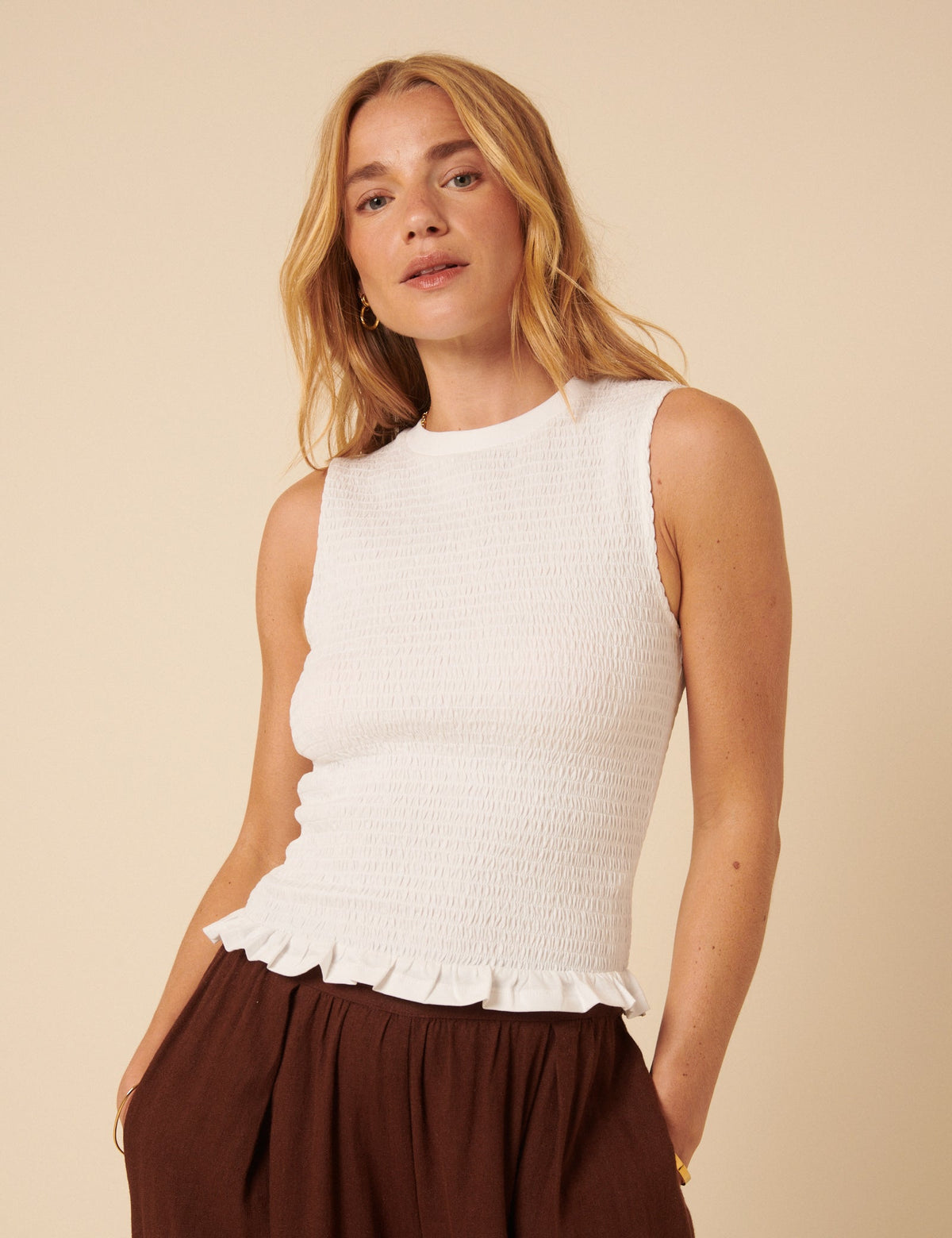 White Shirred Sleeveless Top