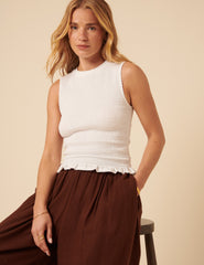 White Shirred Sleeveless Top
