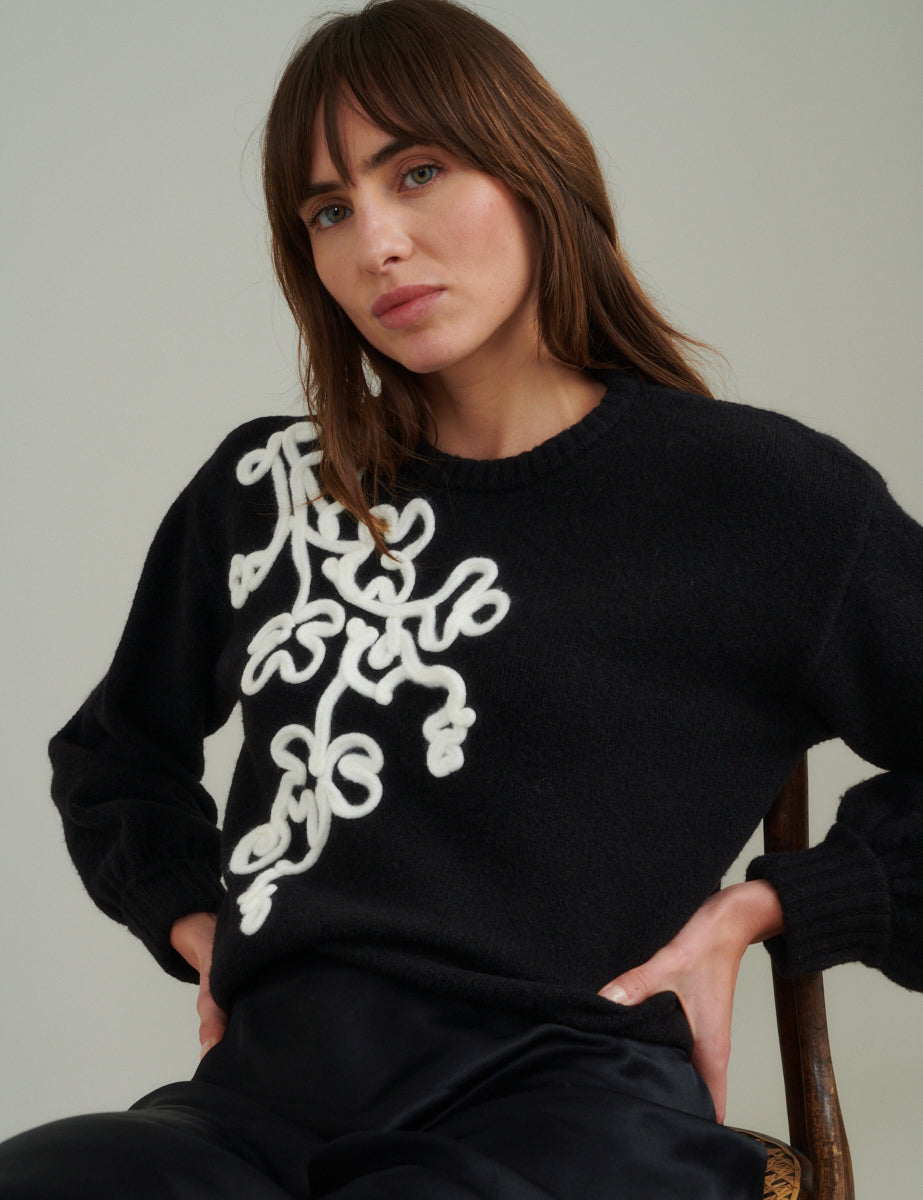 Black Floral Embroidered Knitted Jumper