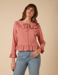 Pink Ruffle Collared Blouse