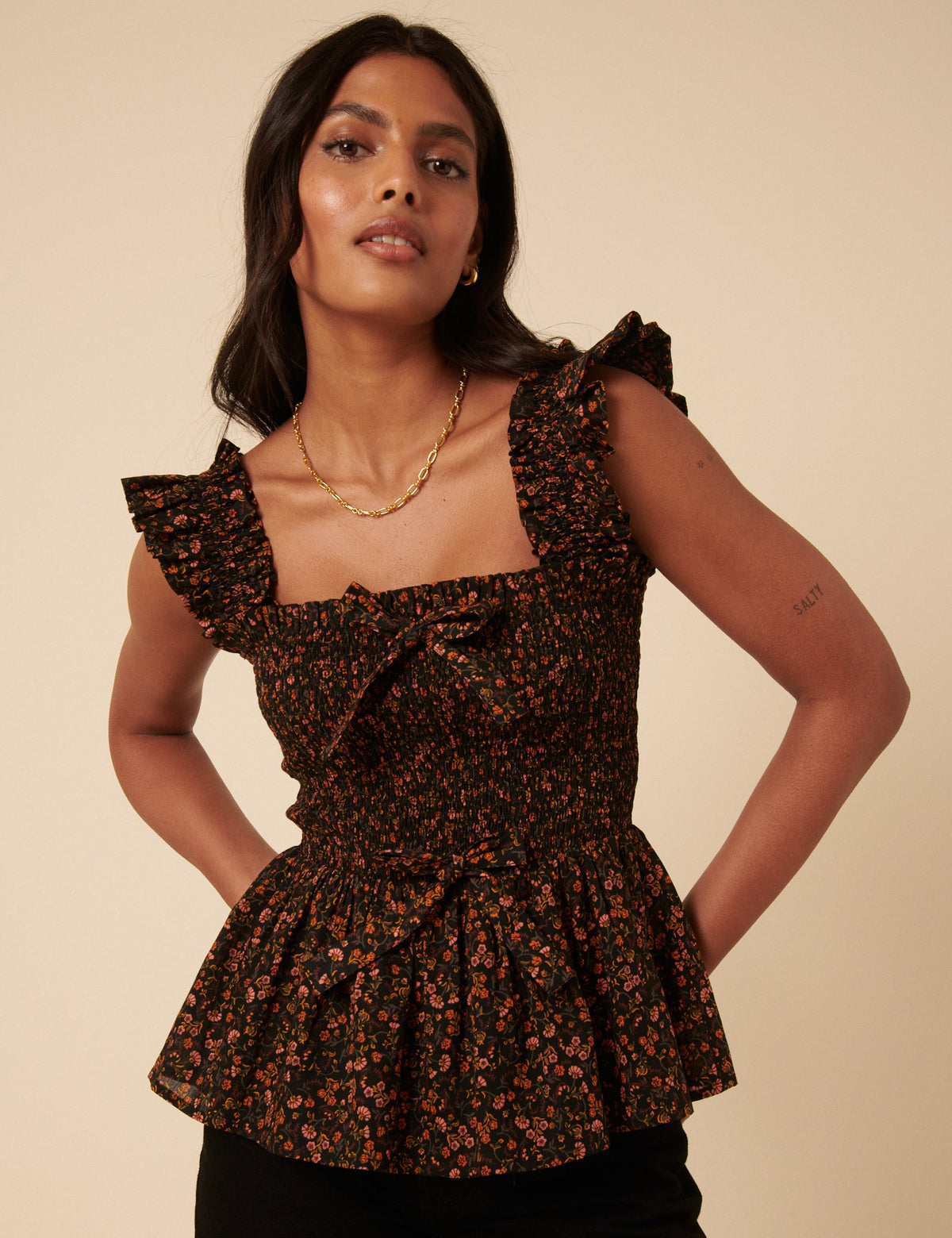 Black Ditsy Floral Shirred Top