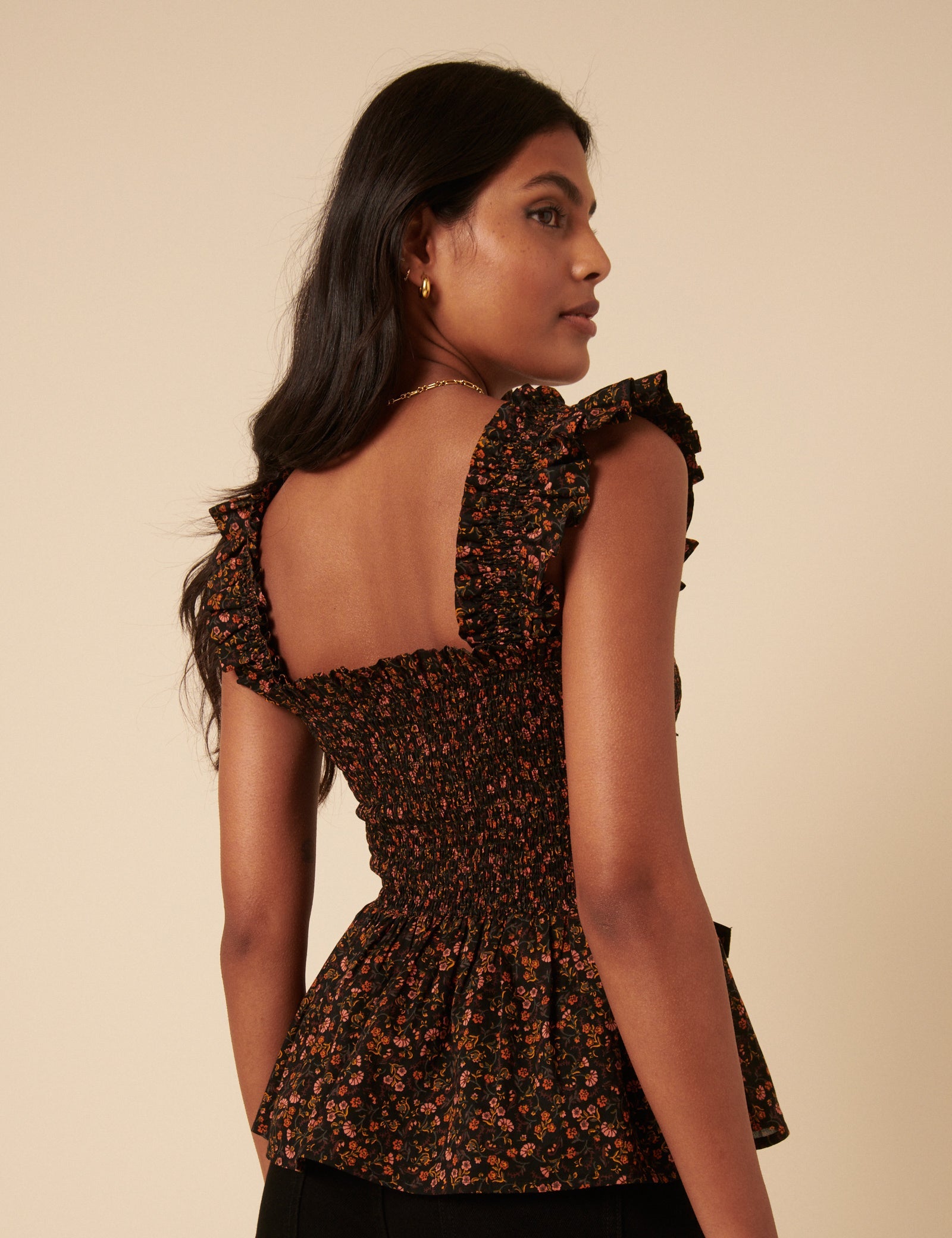 Black Ditsy Floral Shirred Top