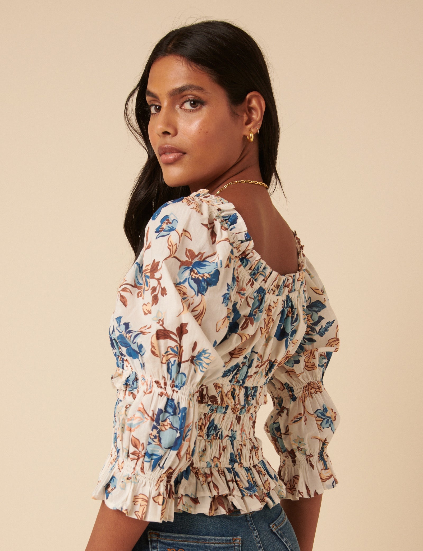 White Floral Shirred Top