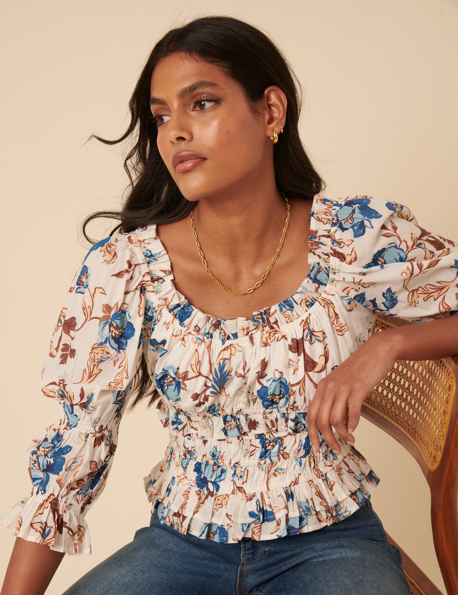 White Floral Shirred Top