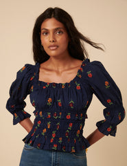Navy Floral Embroidered Shirred Top