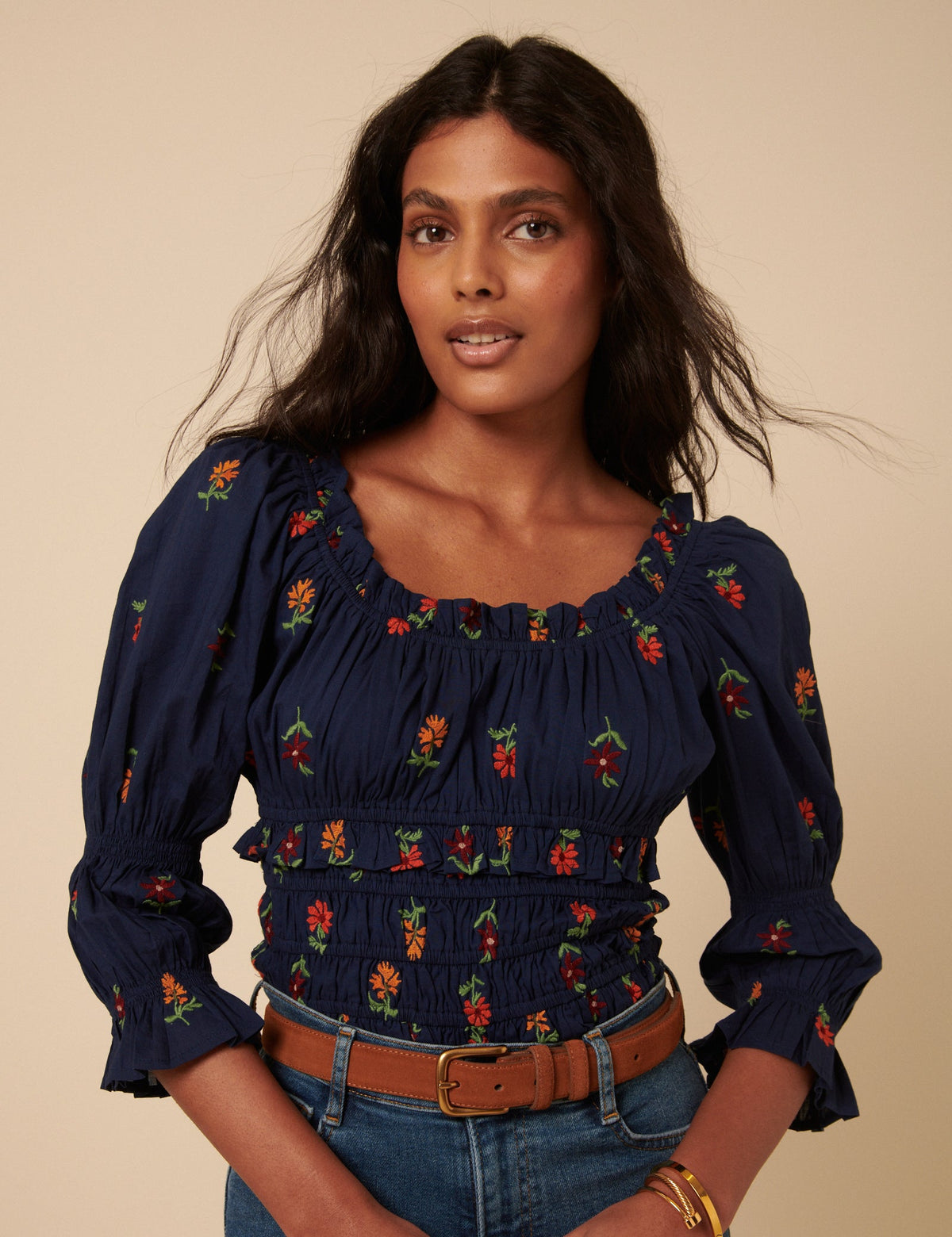 Navy Floral Embroidered Shirred Top