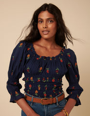 Navy Floral Embroidered Shirred Top