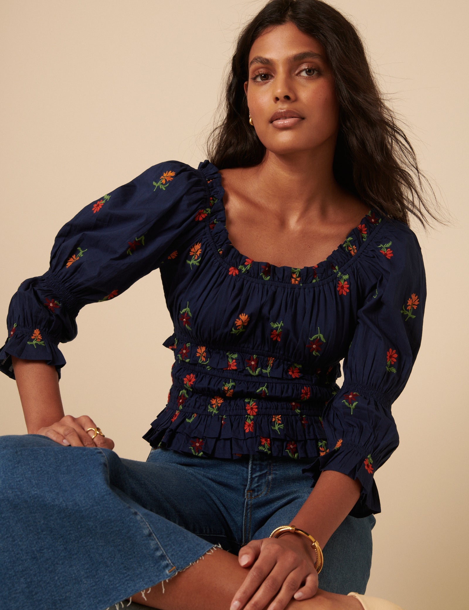 Navy Floral Embroidered Shirred Top
