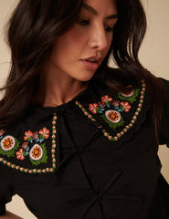 Black Floral Embroidered Tie Front Blouse