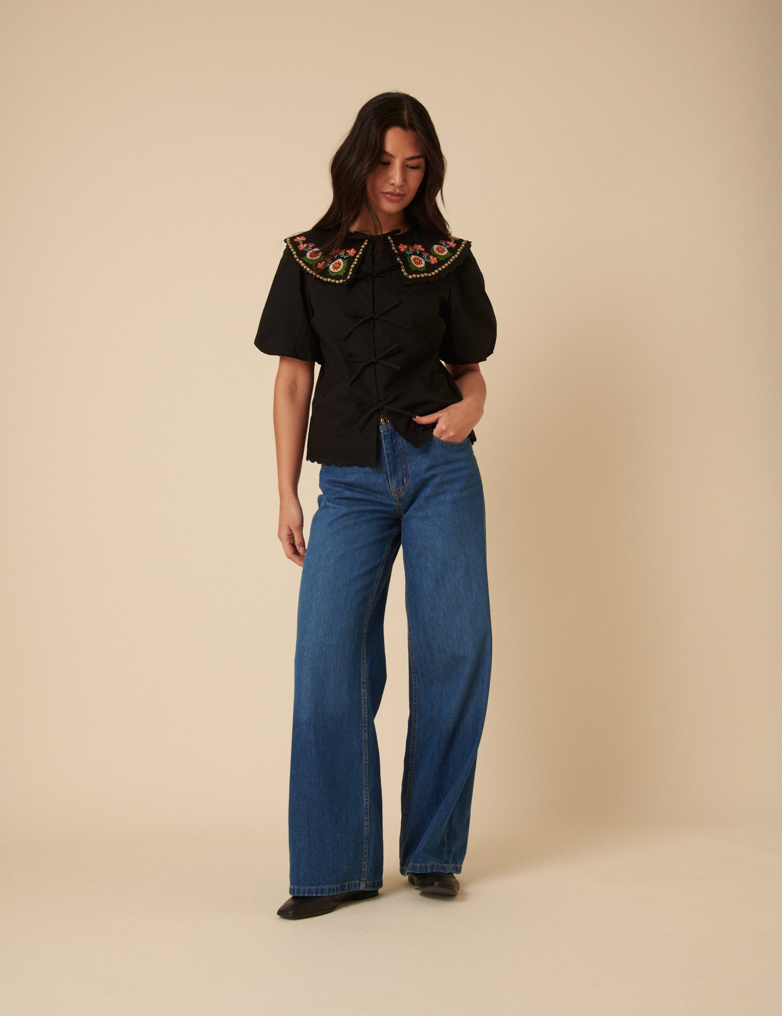 Black Floral Embroidered Tie Front Blouse