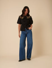 Black Floral Embroidered Tie Front Blouse