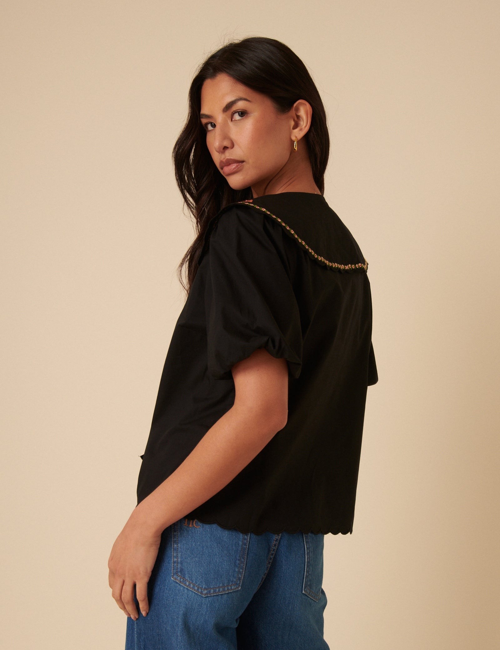 Black Floral Embroidered Tie Front Blouse