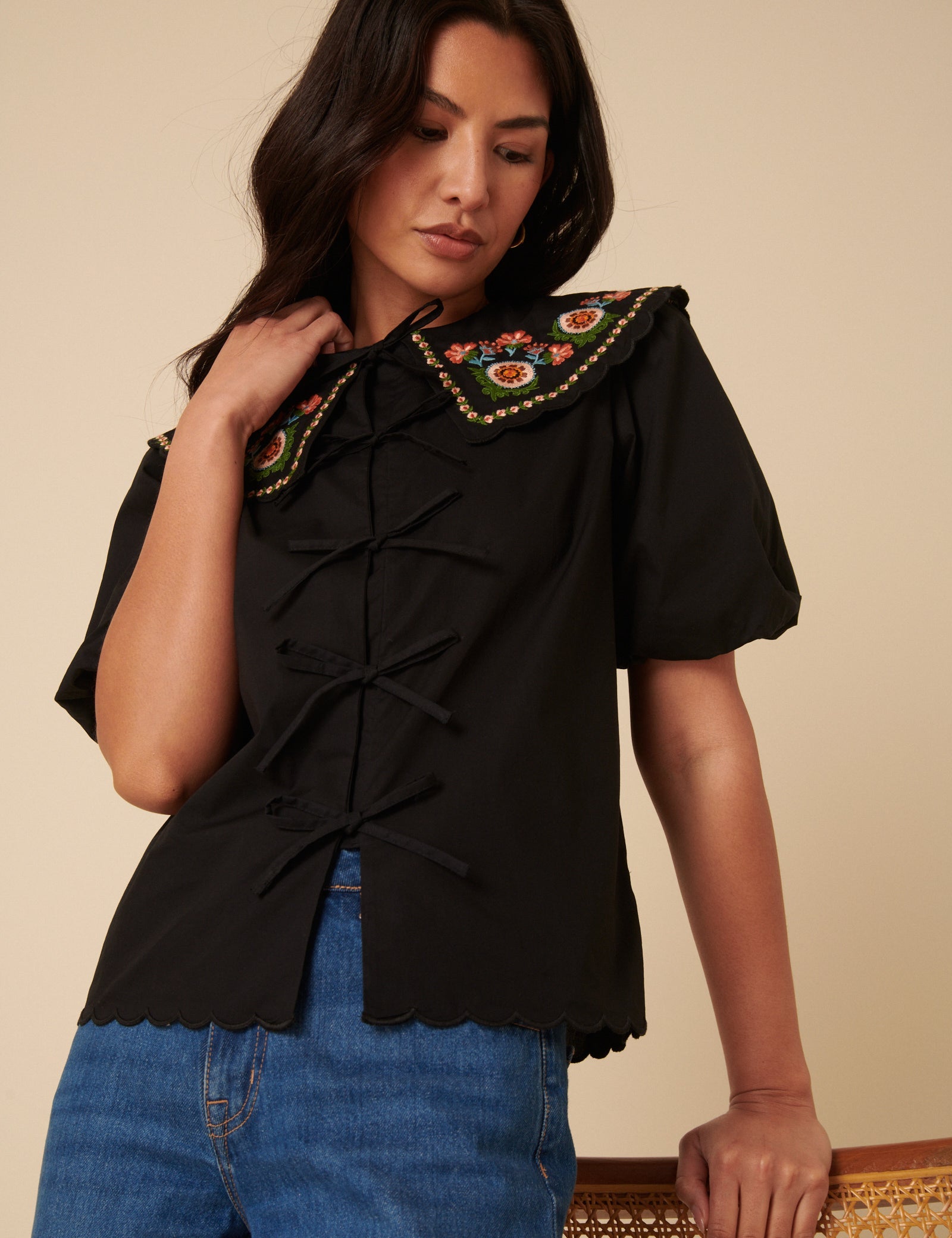Black Floral Embroidered Tie Front Blouse