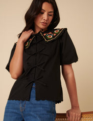 Black Floral Embroidered Tie Front Blouse