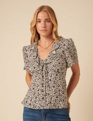 Black Floral Frill Sleeve Top