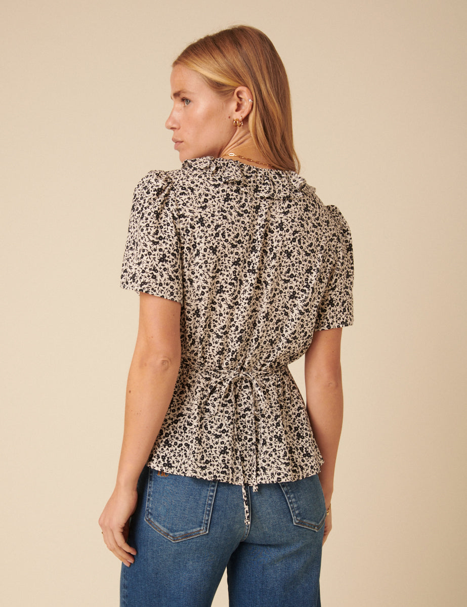 Black Floral Frill Sleeve Top