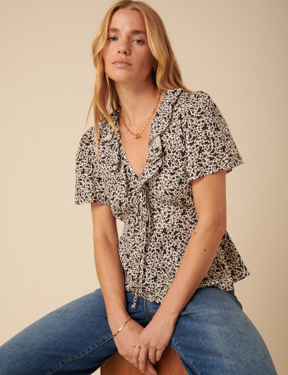 Black Floral Frill Sleeve Top