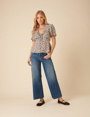 Black Floral Frill Sleeve Top