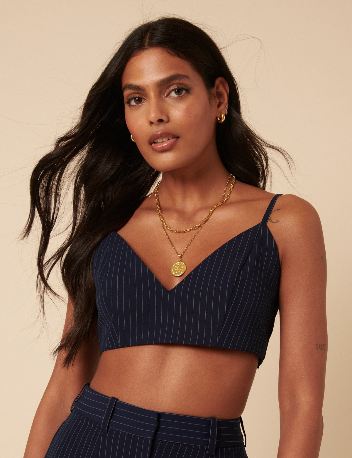 Poppy Delevingne Navy Pinstripe Cara Bralette