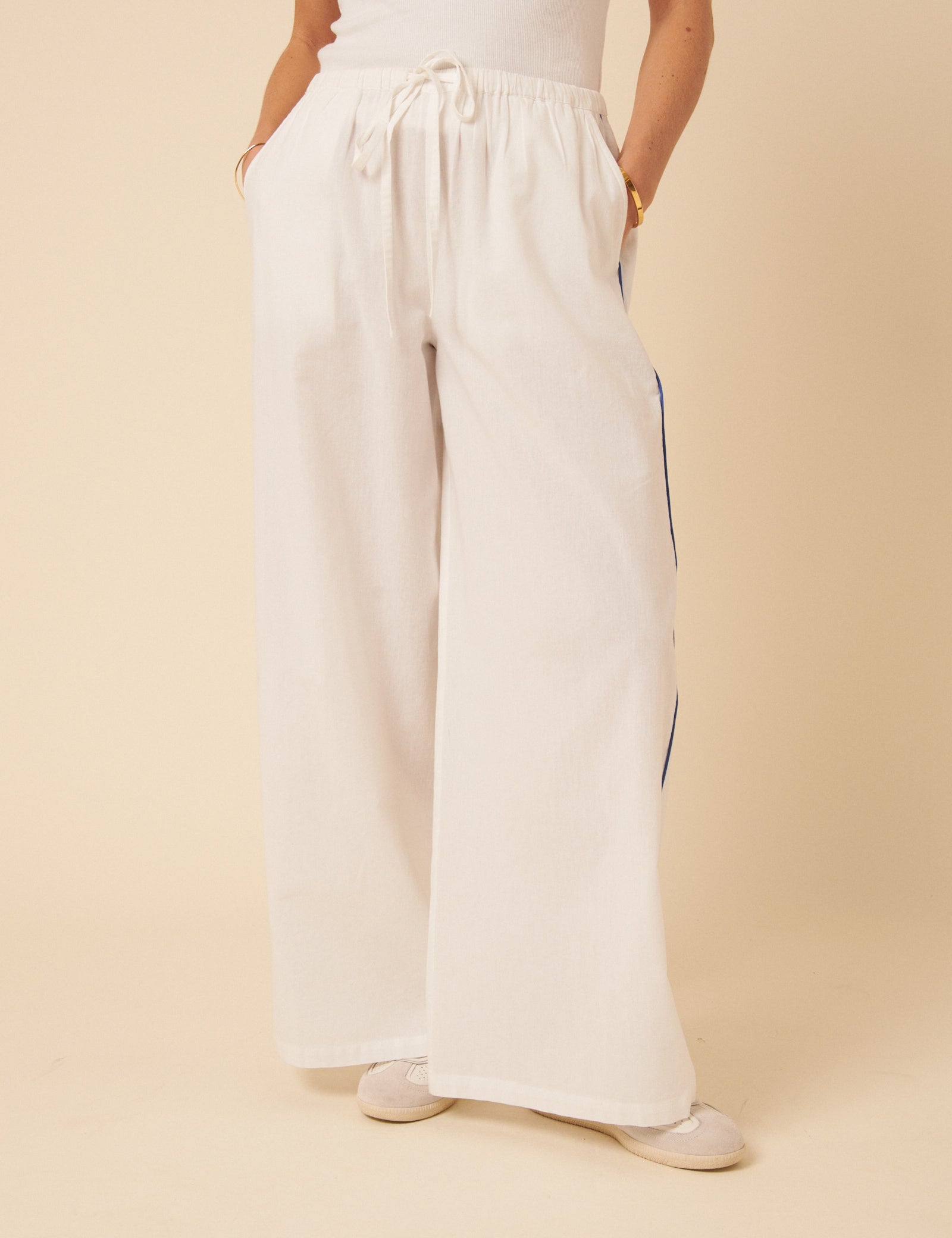 White Side Stripe Wide Leg Trousers