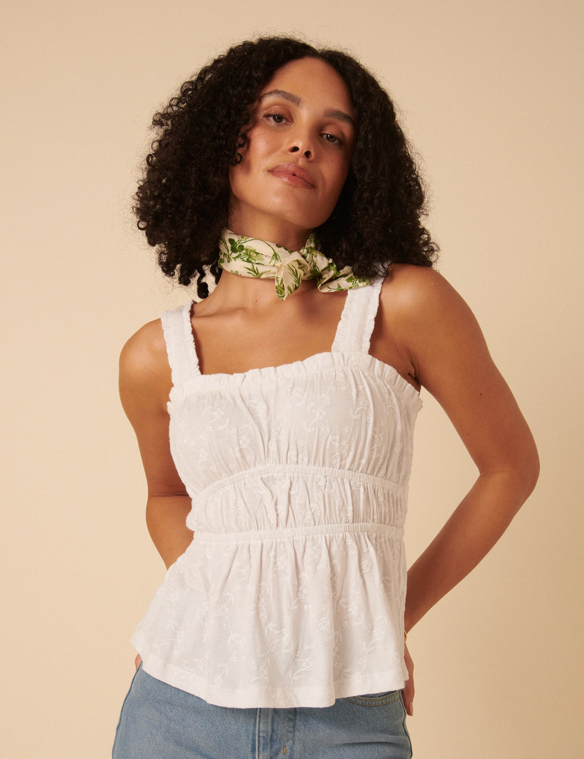 White Floral Embroidered Ruched Bodice Top