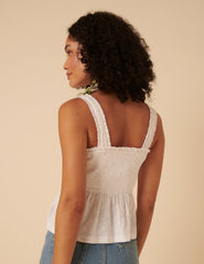 White Floral Embroidered Ruched Bodice Top