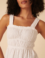 White Floral Embroidered Ruched Bodice Top