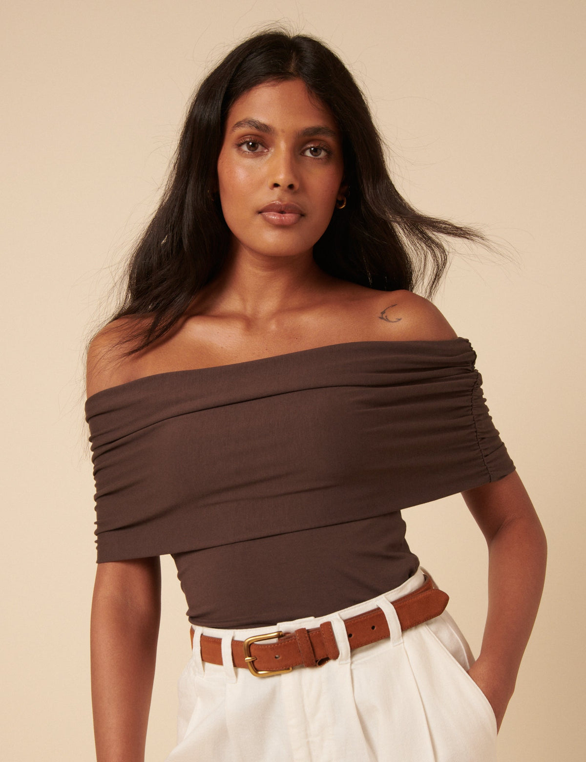Brown Off Shoulder Ruched Top