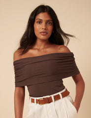 Brown Off Shoulder Ruched Top