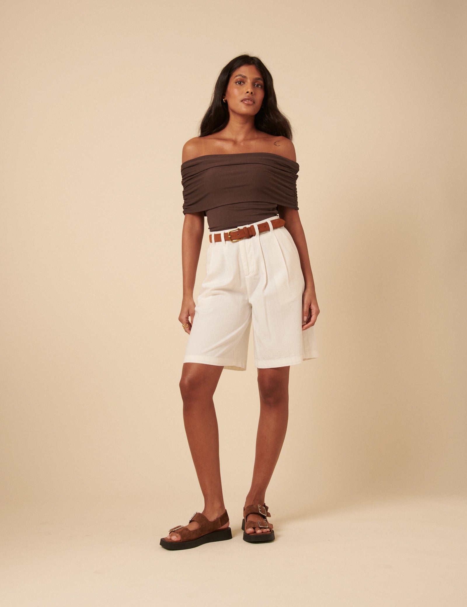 Brown Off Shoulder Ruched Top