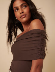 Brown Off Shoulder Ruched Top