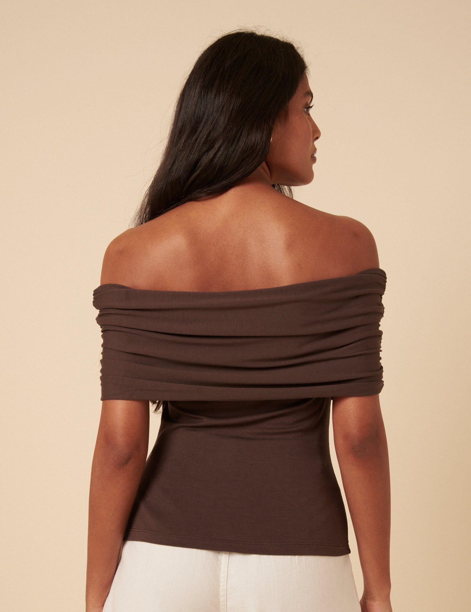 Brown Off Shoulder Ruched Top