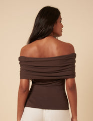 Brown Off Shoulder Ruched Top