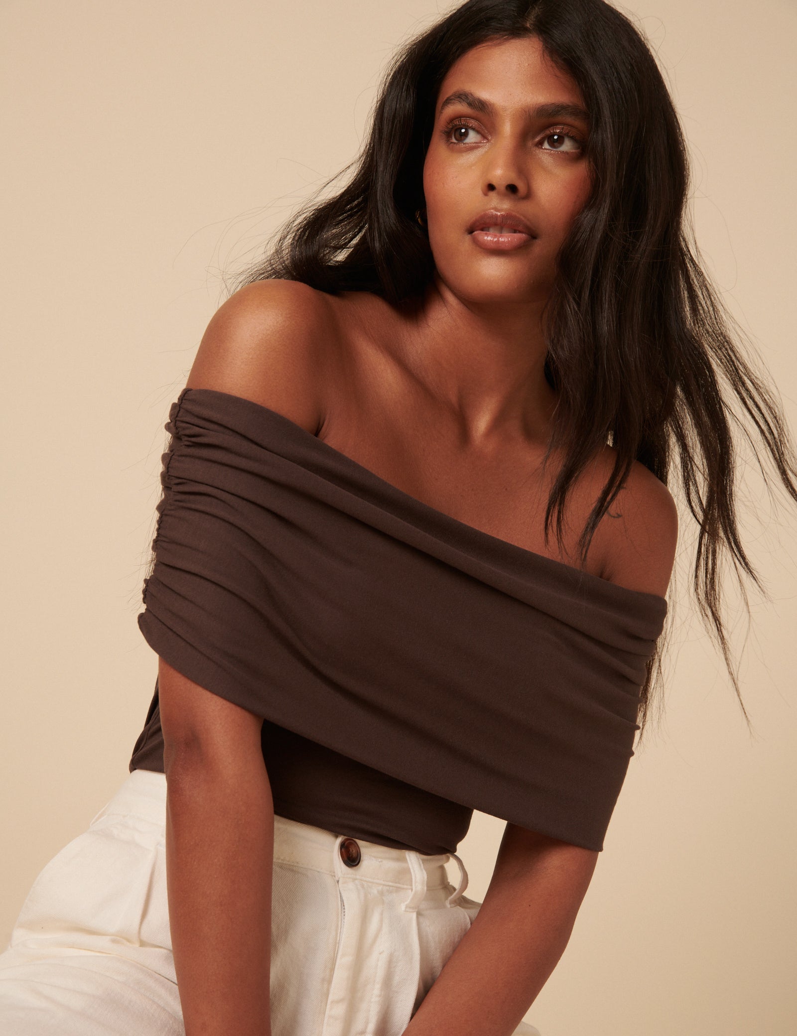 Brown Off Shoulder Ruched Top