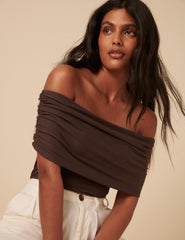 Brown Off Shoulder Ruched Top