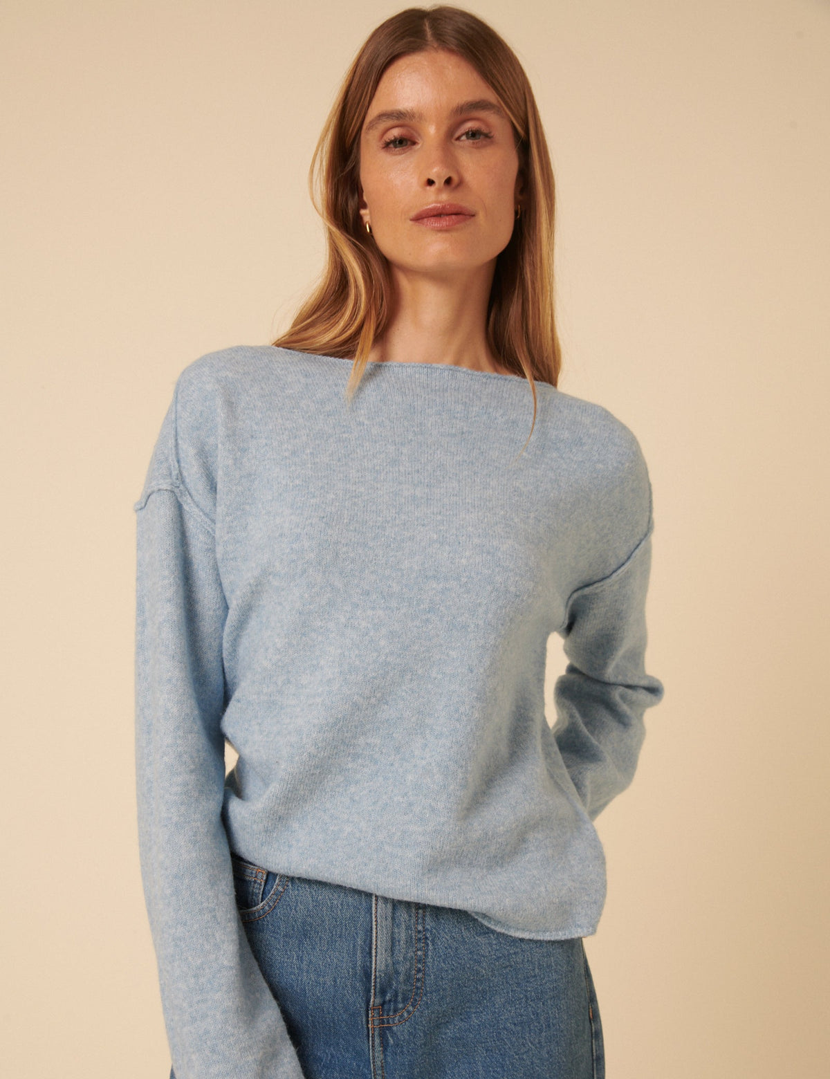 Blue Slash Neck Knitted Jumper