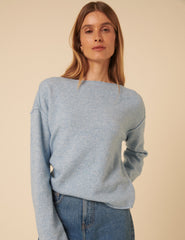 Blue Slash Neck Knitted Jumper