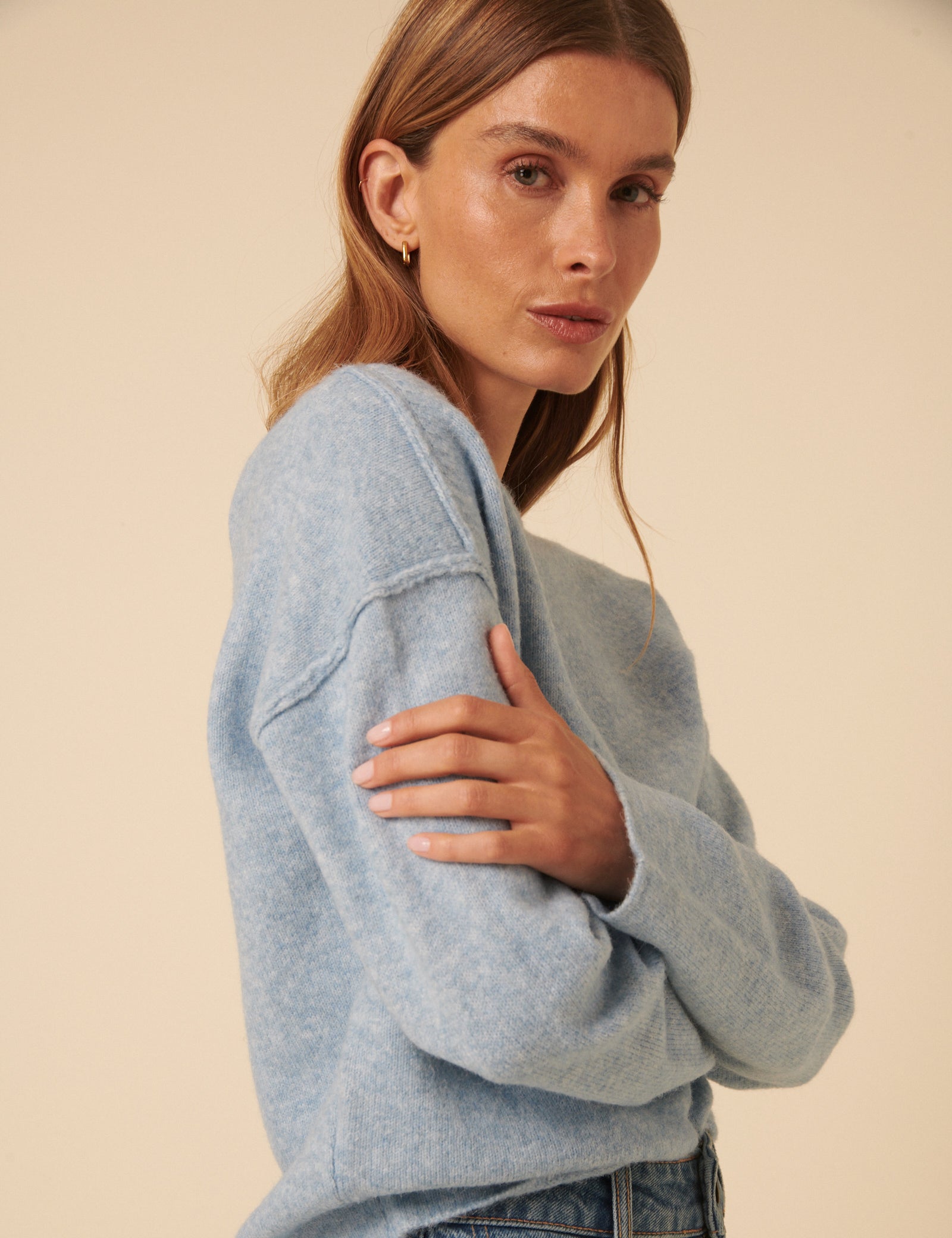 Blue Slash Neck Knitted Jumper
