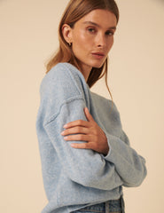 Blue Slash Neck Knitted Jumper