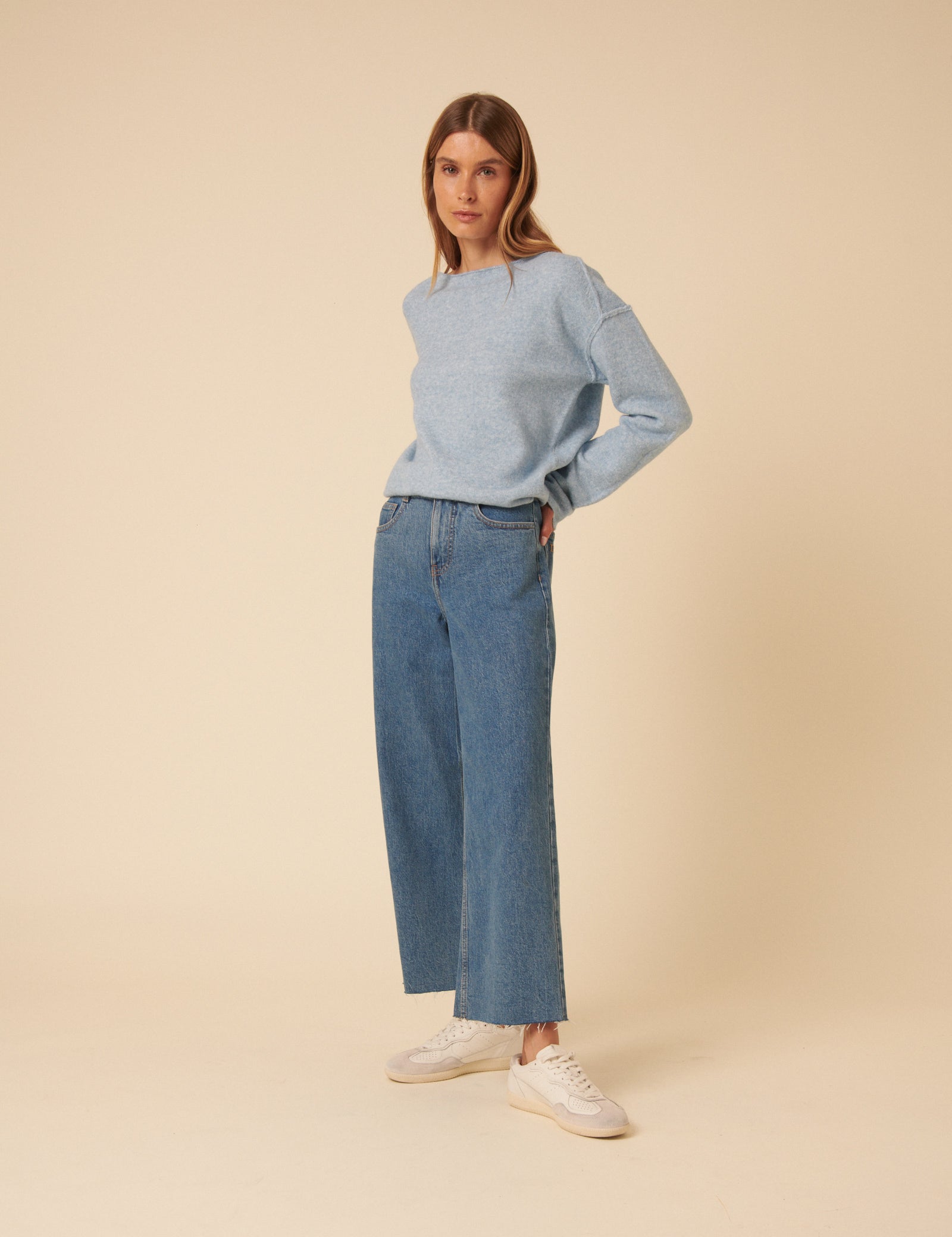Blue Slash Neck Knitted Jumper