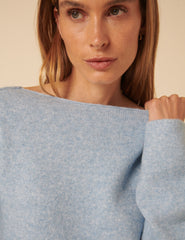 Blue Slash Neck Knitted Jumper