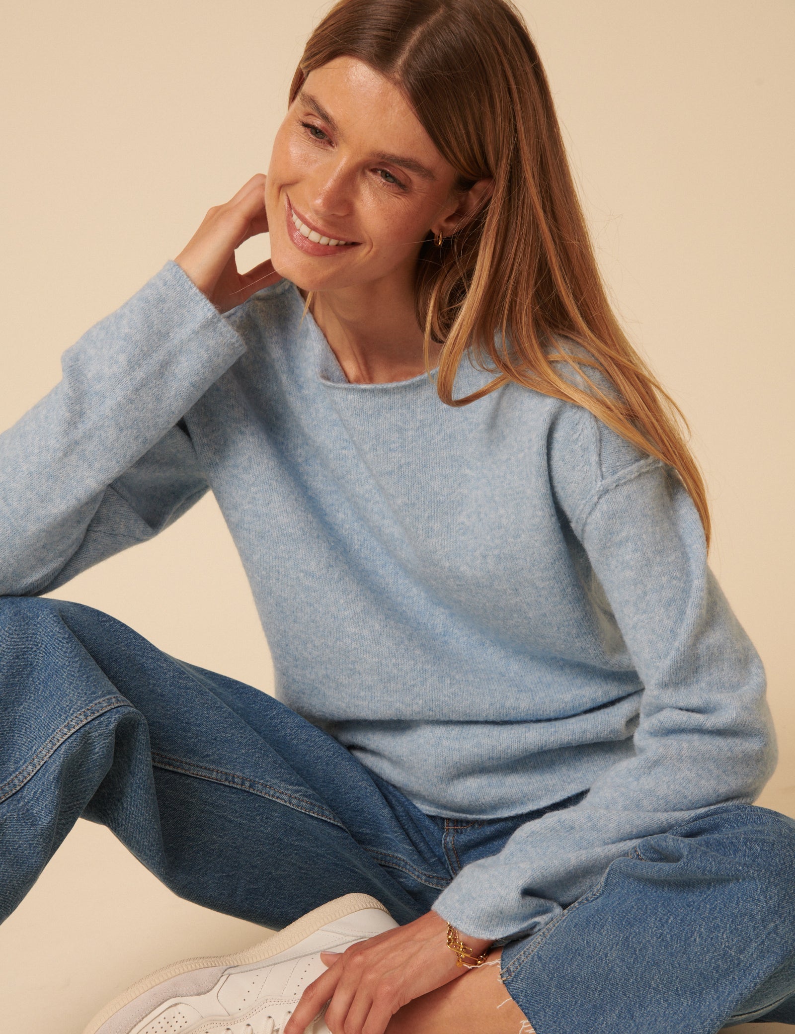 Blue Slash Neck Knitted Jumper