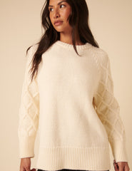 White Crew Neck Cable Oversized Jumper