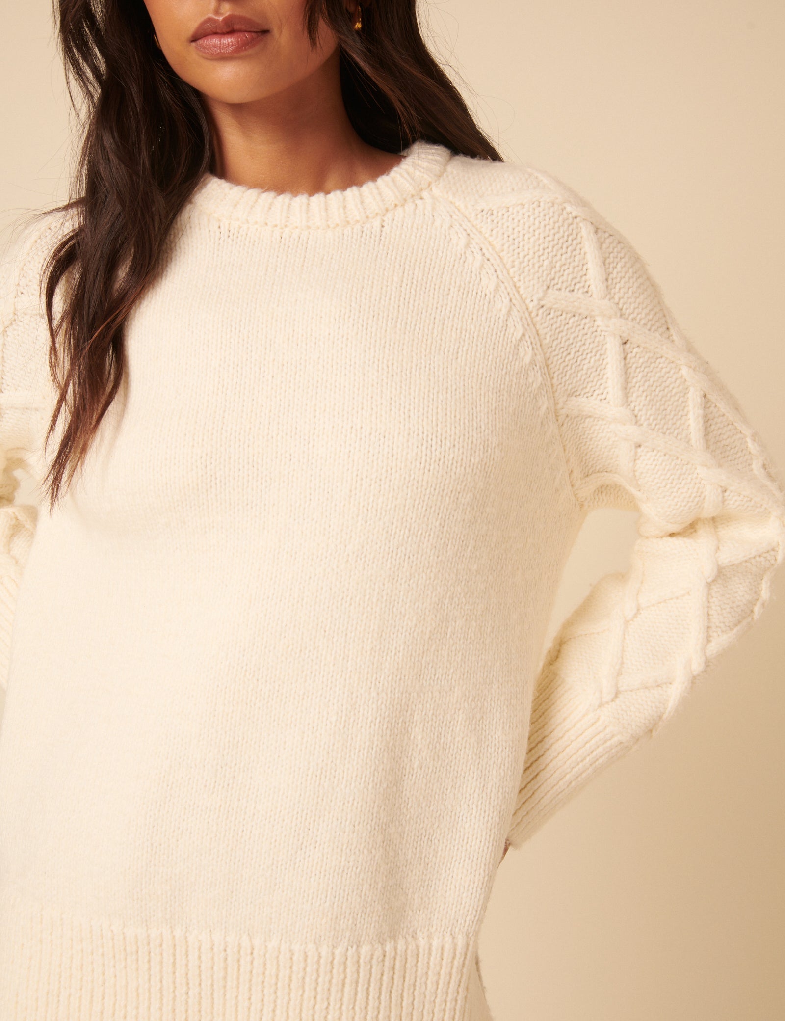 White Crew Neck Cable Oversized Jumper